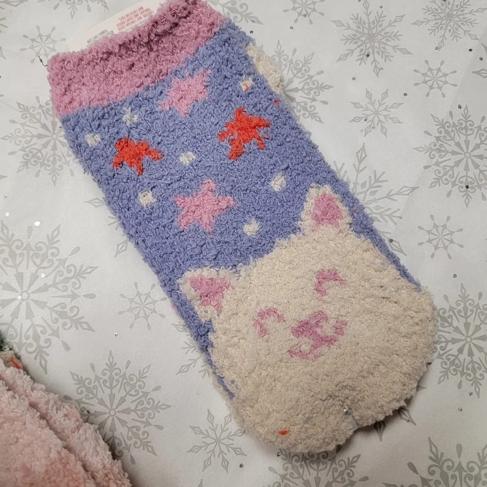 Kid's Cozy Socks Three Pairs of Fuzzy Socks Festive Winter Holiday Stripe Floral